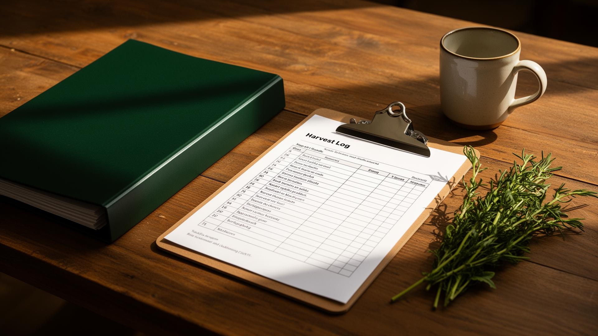 A neat dark-green binder, a clipboard with a printed harvest log, and a ceramic mug on a warm wooden farm table.