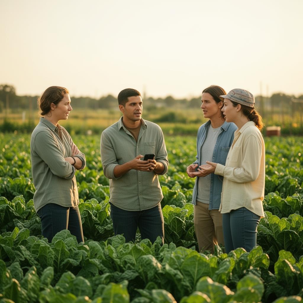 A small farm crew of three gathered around a teammate holding a phone, mid-drill in a sunlit field of leafy greens.
