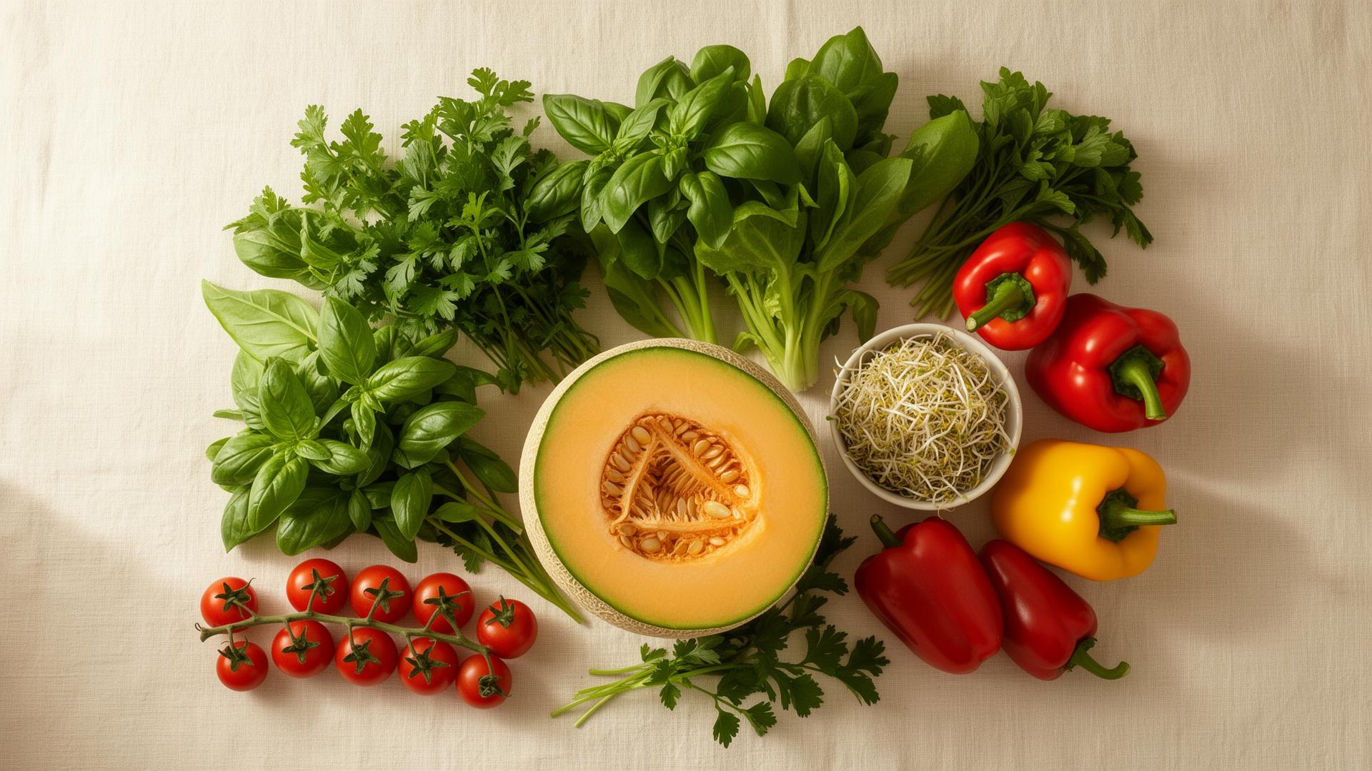Overhead view of FDA Food Traceability List items — leafy greens, herbs, tomatoes, peppers, melon, and sprouts arranged on a cream linen surface.