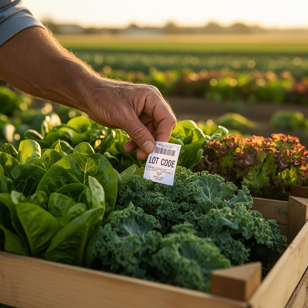 A farmer placing a printed lot code label onto a wooden crate of freshly harvested leafy greens at golden hour.