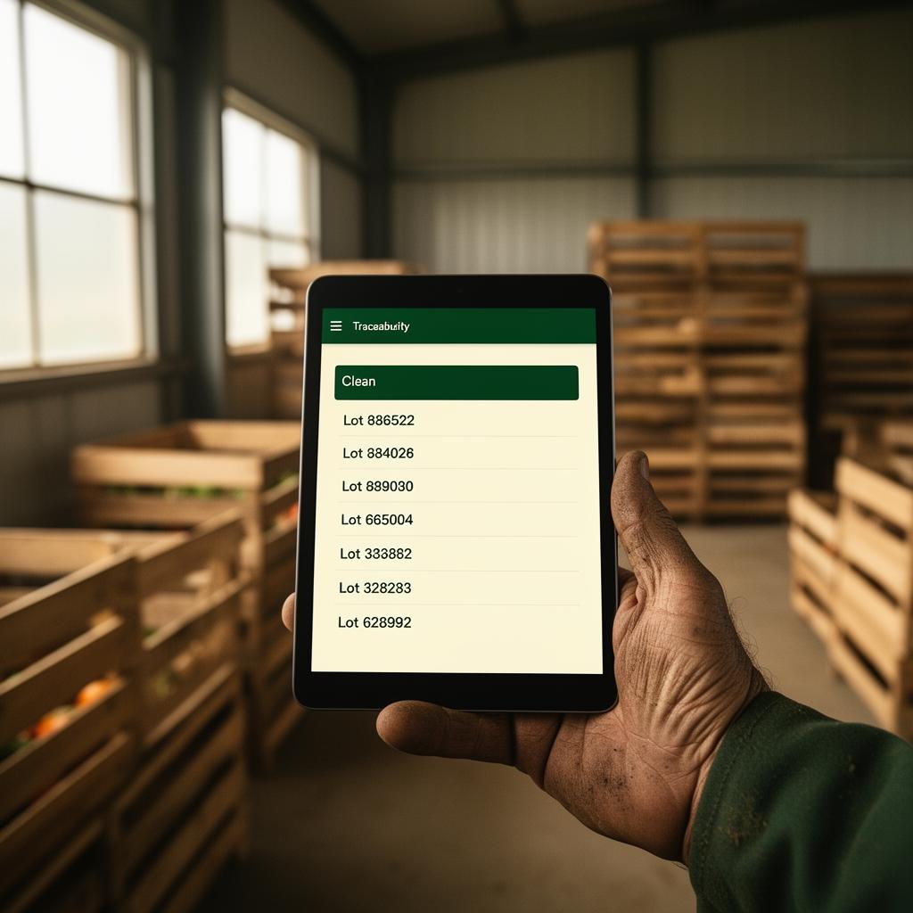 A weathered farmer's hand holding a tablet showing a list of traceability lot codes inside a packing shed.